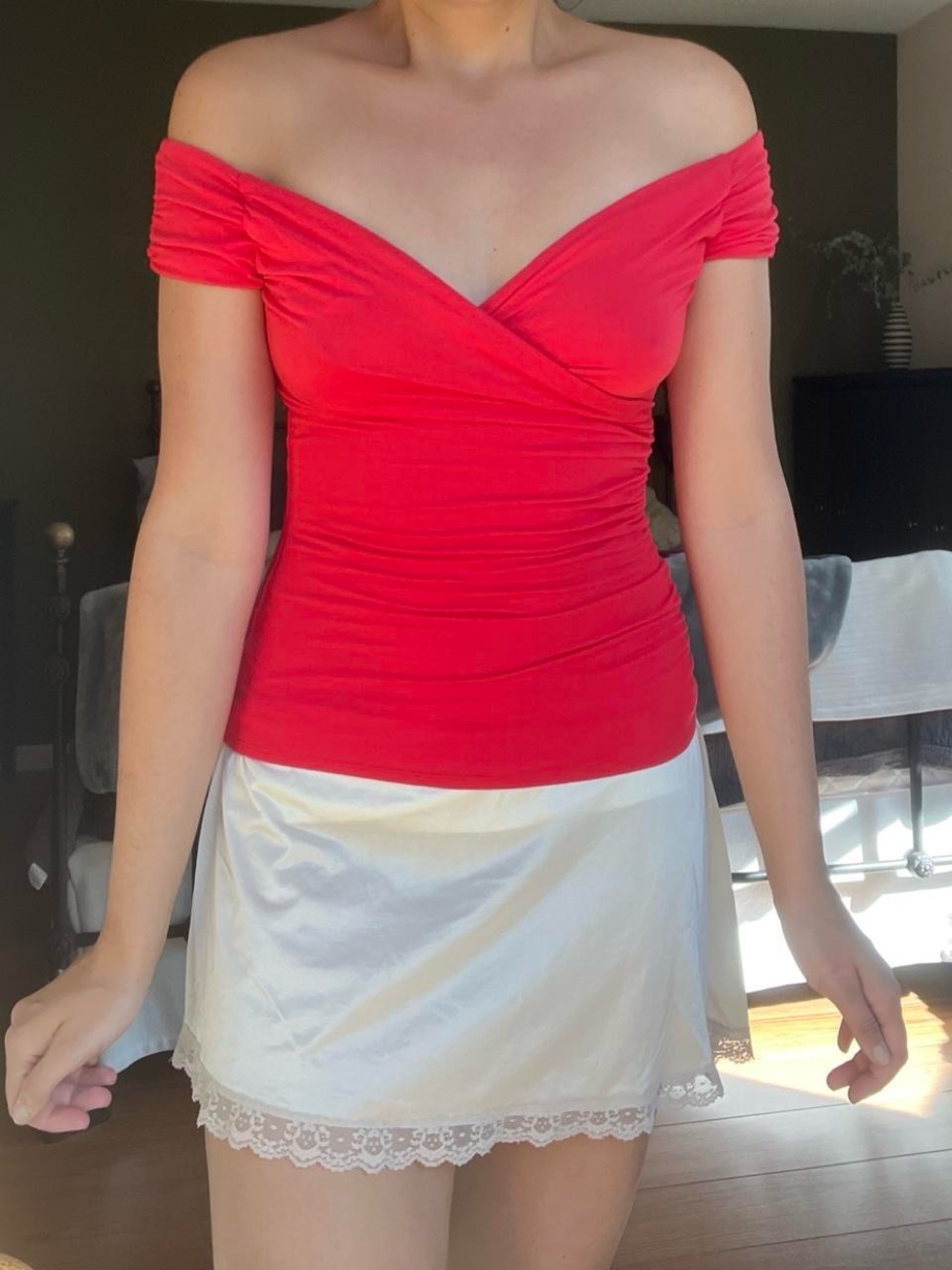 Off-Shoulder Ruched Red Women's Top